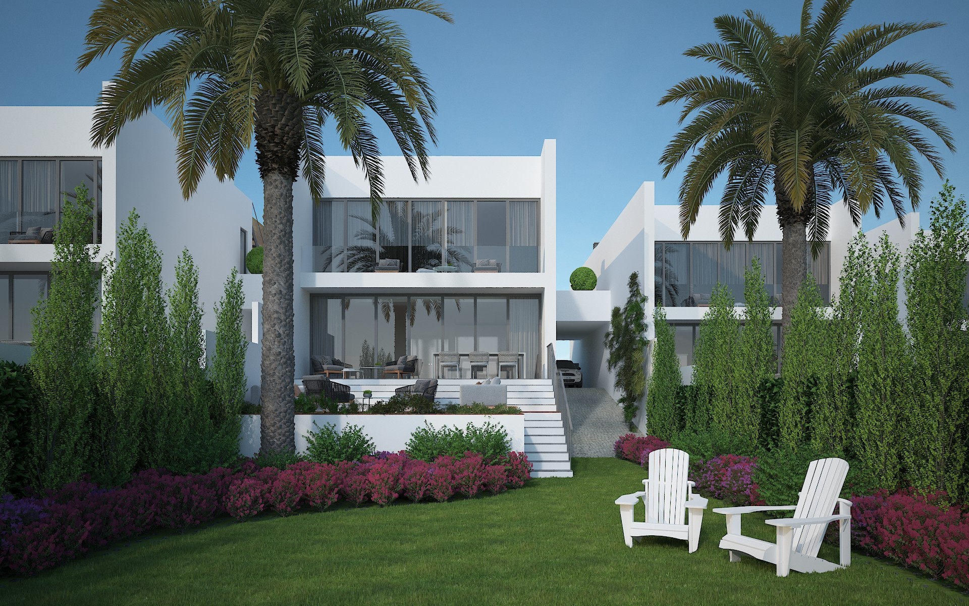modern villa with garden and palm trees