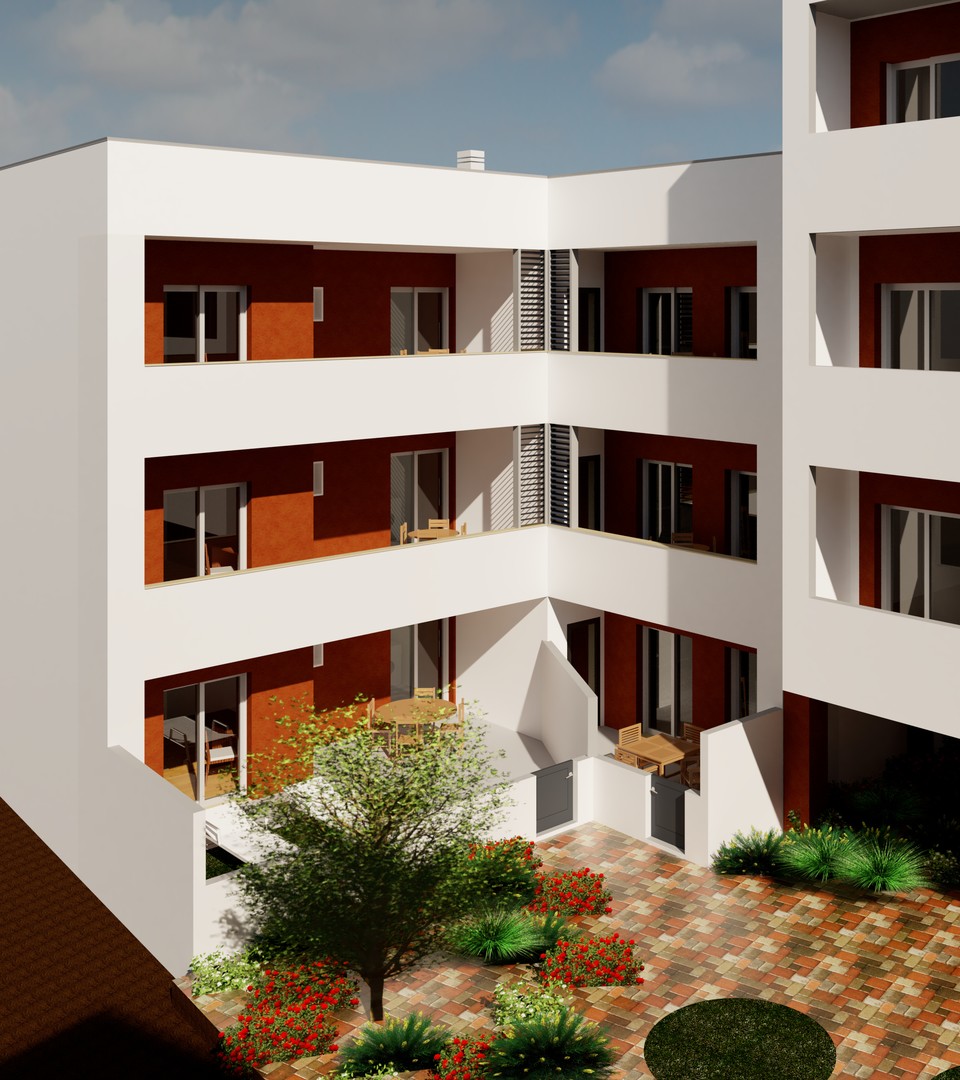 Alçado tardoz de apartamento RC com logradouro e jardim