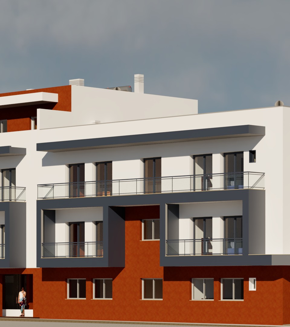 Alçado frontal de apartamento 1º andar frente jardim e arruamento