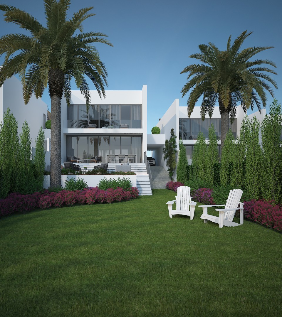 Back view modern two storey villa. Garden view with lawn area and palmtrees